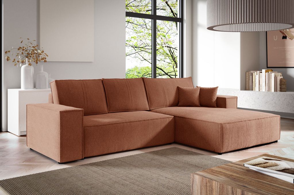 Ecksofa NEW ARAGON MAX von ANTONIO L-Form mit Schlaffunktion und Bettkästen, Schenkel Ottomane rechts oder links/ Webstoff in Orangerot