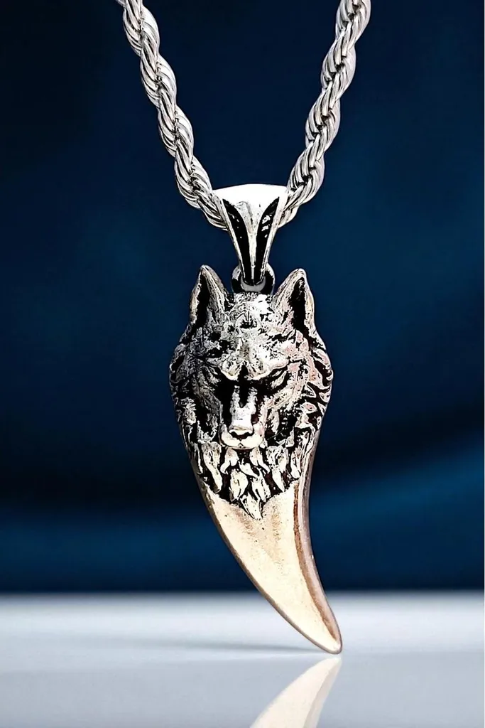 Collier homme dent de loup argenté, chaîne acier inox haute résistance