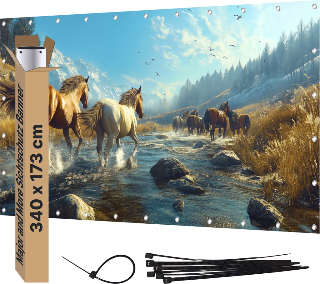 Sichtschutz Banner PVC Garten Dekoration Plane groß mit Motiv blickdichter Motivbanner für Terrasse Zaun Gartenzaun Zaunblende Gartenposter Pferd...