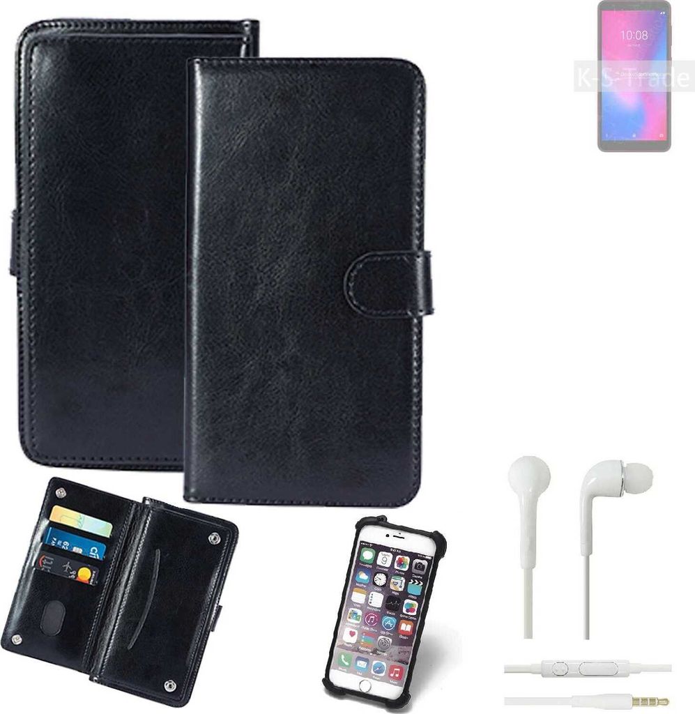 K-S-Trade 360° Hülle kompatibel mit ZTE Blade A3 2020 inkl. Headphones schwarz Kunstleder Case BookCase WalletCase Kunstlederederhülle Handyhülle,
