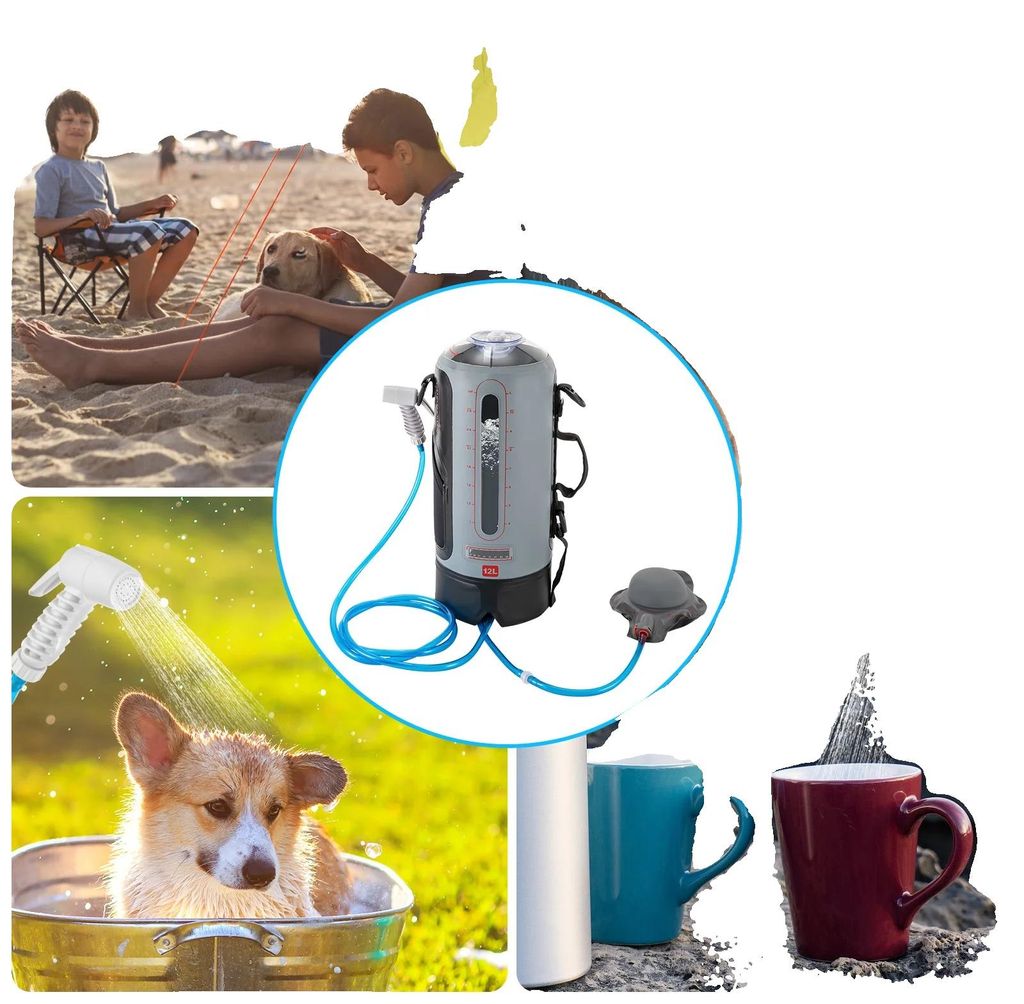Tragbare Druckcamp-Dusche, 12L Kapazität, wasserdichtes PVC, Abmessungen 17,5x43 cm, maximale Temperatur 53°C, Gewicht 0,8 kg