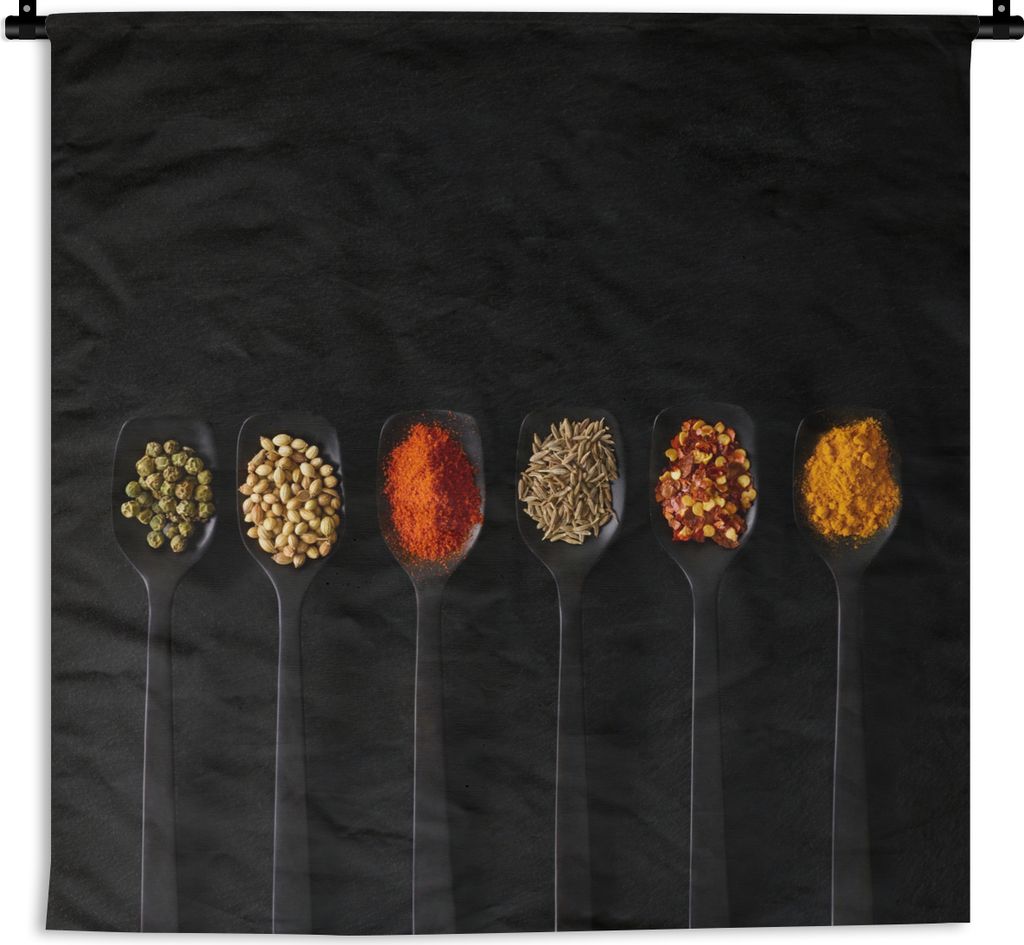 MuchoWow Wandteppich Wandbehang Löffel - Gewürze - Schwarz - Gewürze - Rustikal 120x120 cm Tapisserie Dekoration Wandtuch - Modern - Baumwollg...