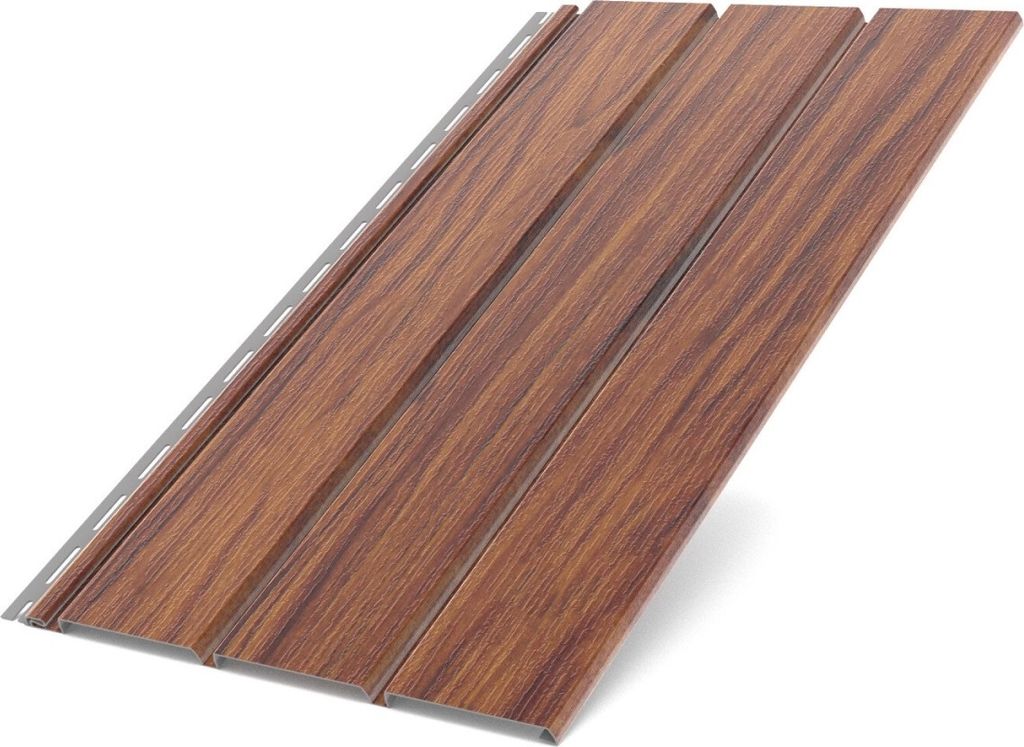 A close-up, angled view of a section of wood-look siding.
