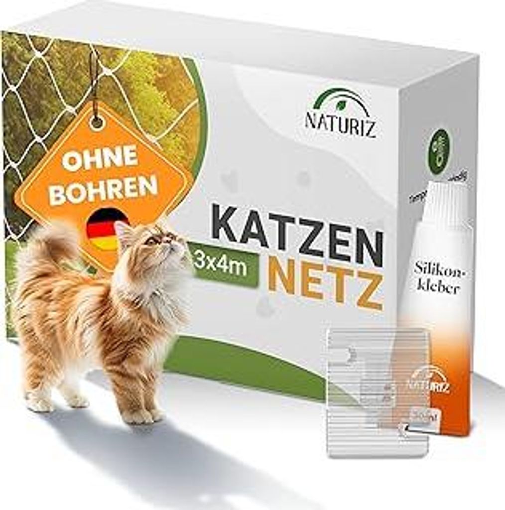 Katzennetz für Balkon ohne Bohren inkl. Klebehaken & Silikonkleber – Katzenschutznetz für Balkon & Fenster, Katzennetz transparent - Taubennetz...