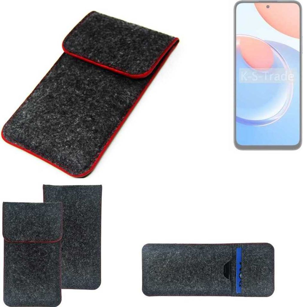 K-S-Trade Handy Schutz Hülle kompatibel mit Honor Play 8T Schutzhülle Handyhülle Filztasche Pouch Tasche Case Sleeve Filzhülle dunkelgrau roter