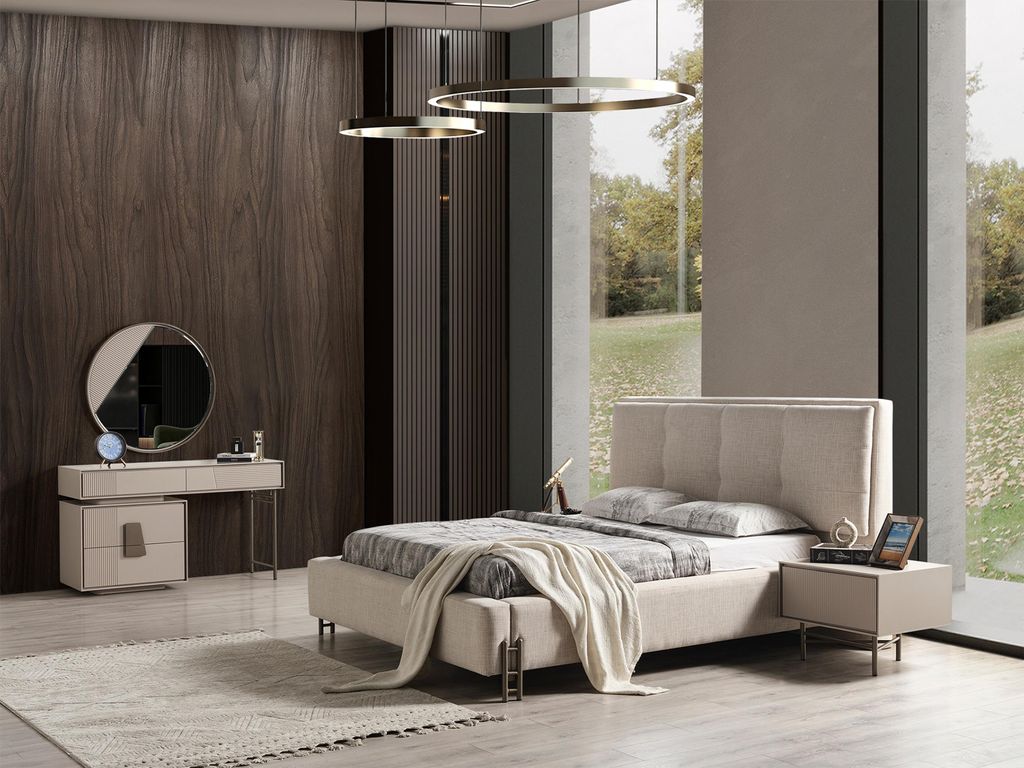 Beiges s Schlafzimmer Set Polsterbett Holz Schminktisch