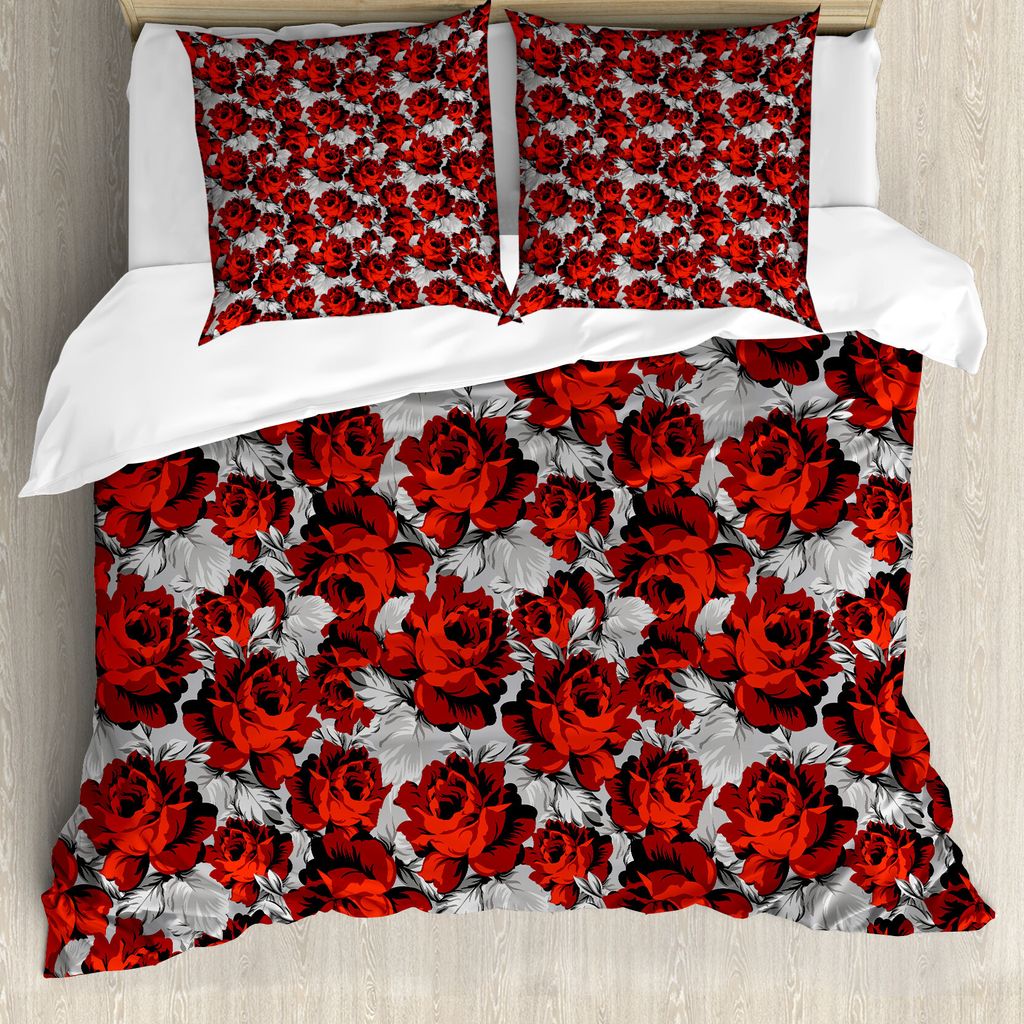 ABAKUHAUS Blumen Bettbezug, Rosen Vintage Valentines, Milbensicher Allergiker geeignet mit Kissenbezügen, 200 cm x 200 cm - 80 x 80 cm, Rot Grau S...