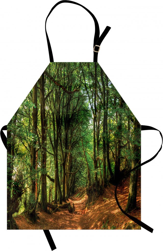 ABAKUHAUS Wald Kochschürze, Waldszene mit Bäumen und Weg Laub-Stamm-Grün-Bild im Freien, Farbfest Höhenverstellbar Waschbar Klarer Digitaldruck...
