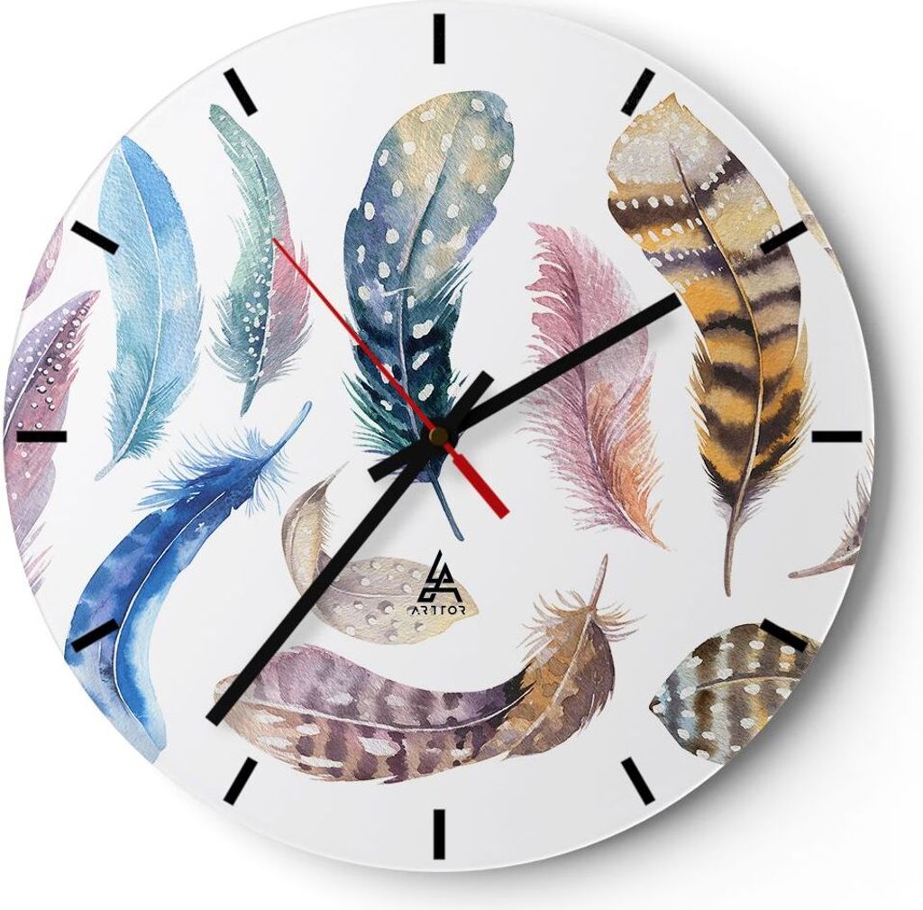 Wanduhr - Rund - Glasuhr - Federn Vögel Tiere Komposition - 30x30cm - Schleichendes Uhrwerk - Lautlos - zum Aufhängen bereit - Dekoration Modern ...