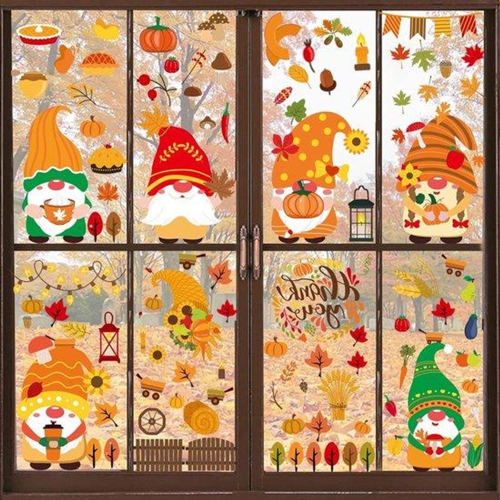 Herbstdekoration - Raamstickers mit Kastanjen und Eichenblättern 9F 9E.