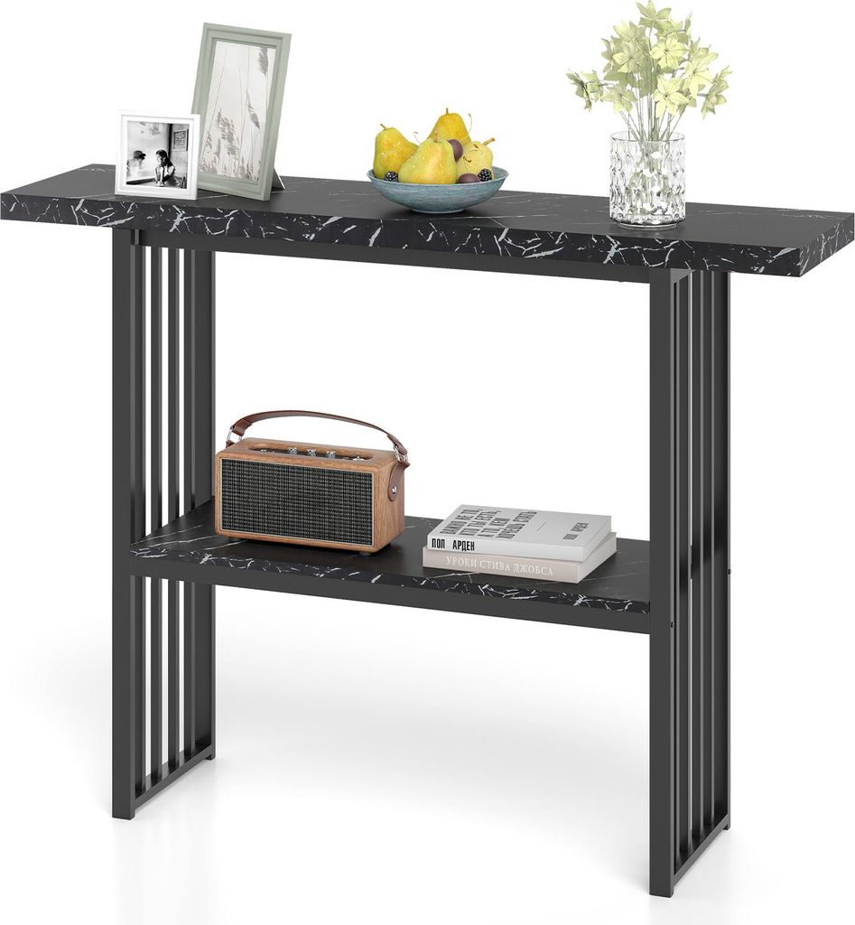 Konsolentisch Marmor, 120 cm Eingangstisch mit Metallgestell, Schmaler Flurtisch in kandinavischer Stil, Multifunktionaler Stehtisch (Schwarz)