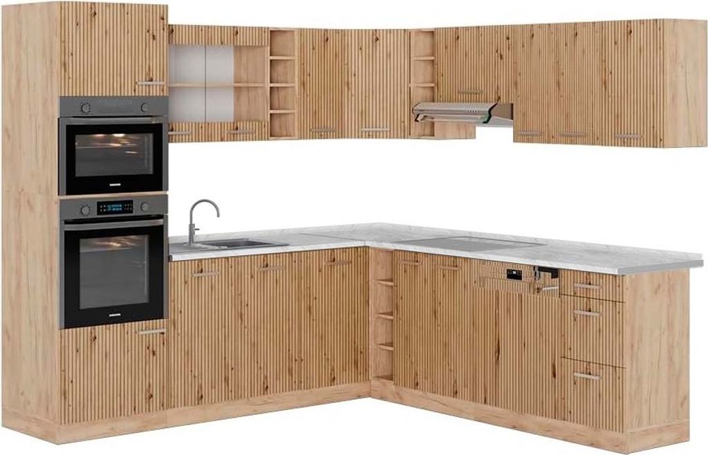 Eckküche Vicco R-Line Artisan-Eiche/Goldkraft Eiche 247 x 60 cm , AP Marmor, Model 48932