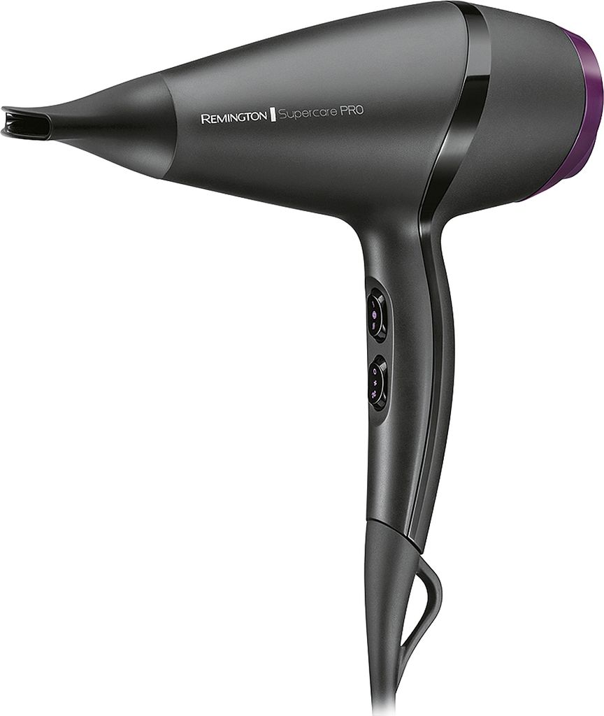 A dark gray Remington Supercare Pro 2100 AC hair dryer with a purple accent on a white background.