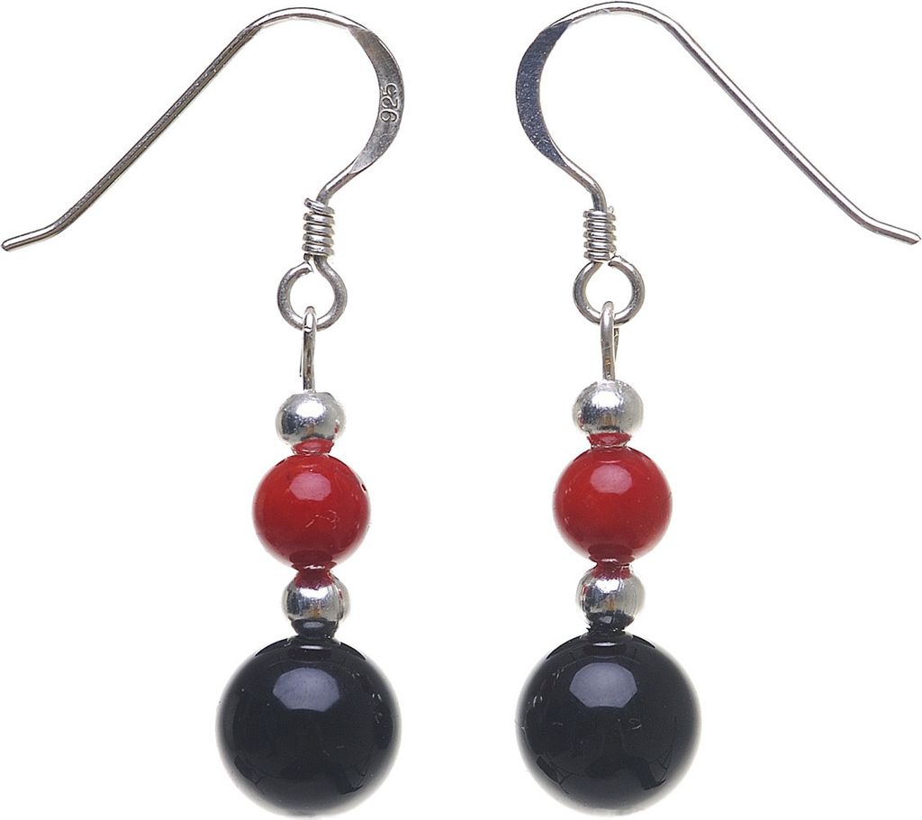 Ohrringe Ohrhänger aus Koralle & Onyx rot schwarz 925 Silber, Ohrhaken Ohrschmuck