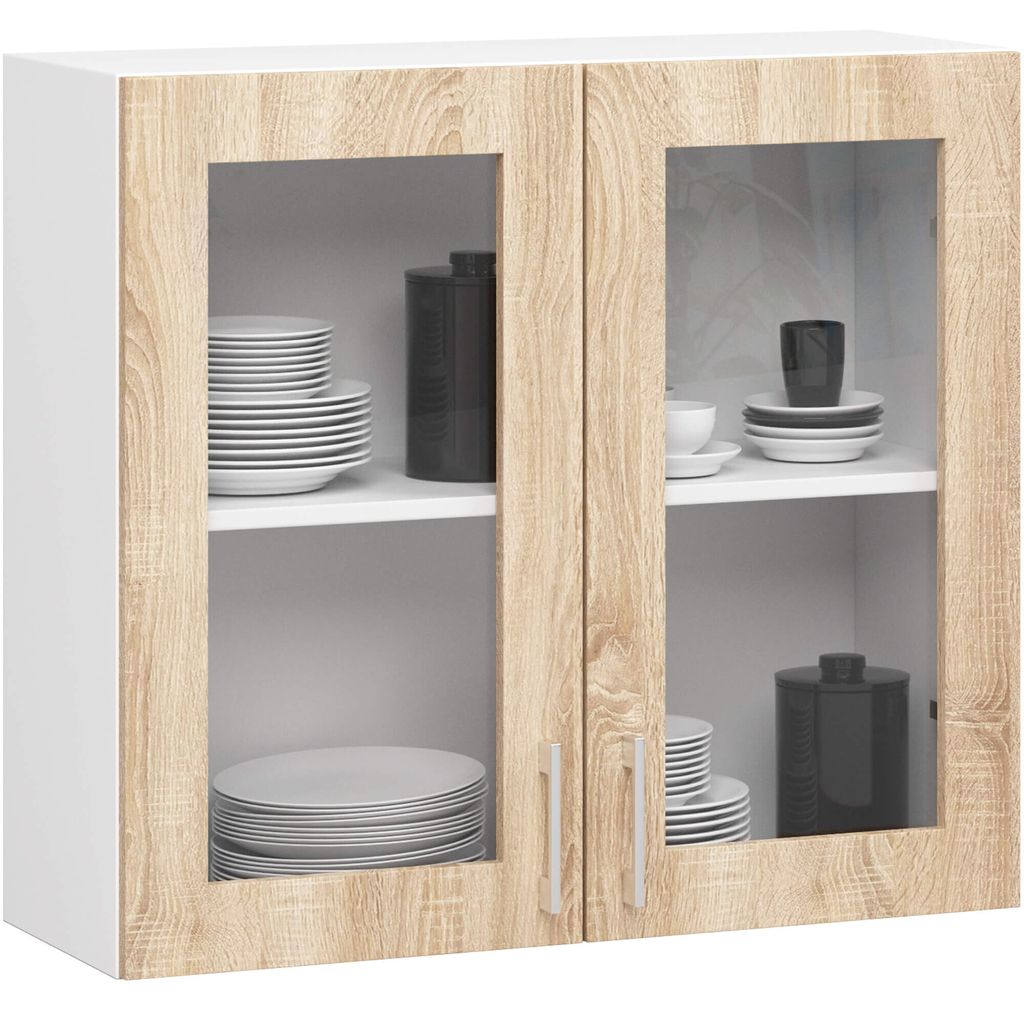Küchenvitrine LIMA Weiß 80 cm Front Sonoma Eiche 2 Regalböden B80xH72xT30,5 cm