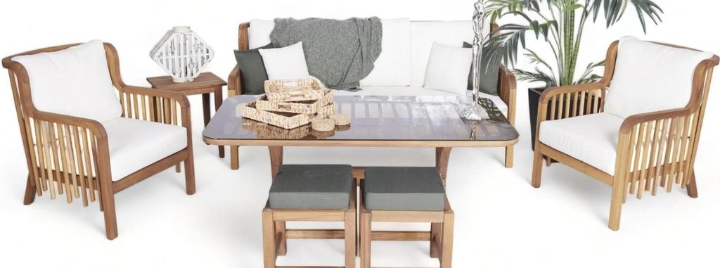 Moderner Gartenmöbel 6tlg Sofagarnitur 3+1+1 Sitzer 2x Hocker Holz Esstisch