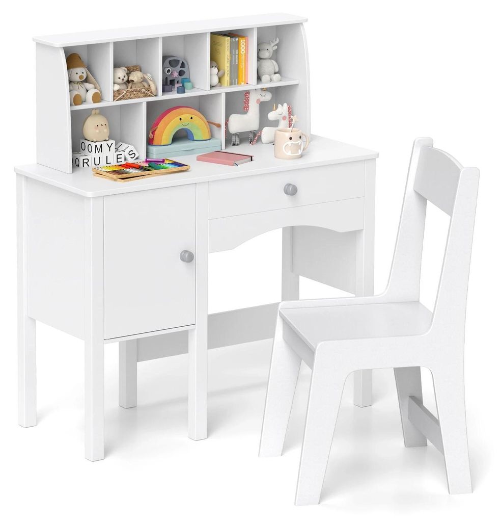 Kinderschreibtisch - Schreibtisch mit Stuhl - Schublade - Schrank - Regal - Holz - Weiß