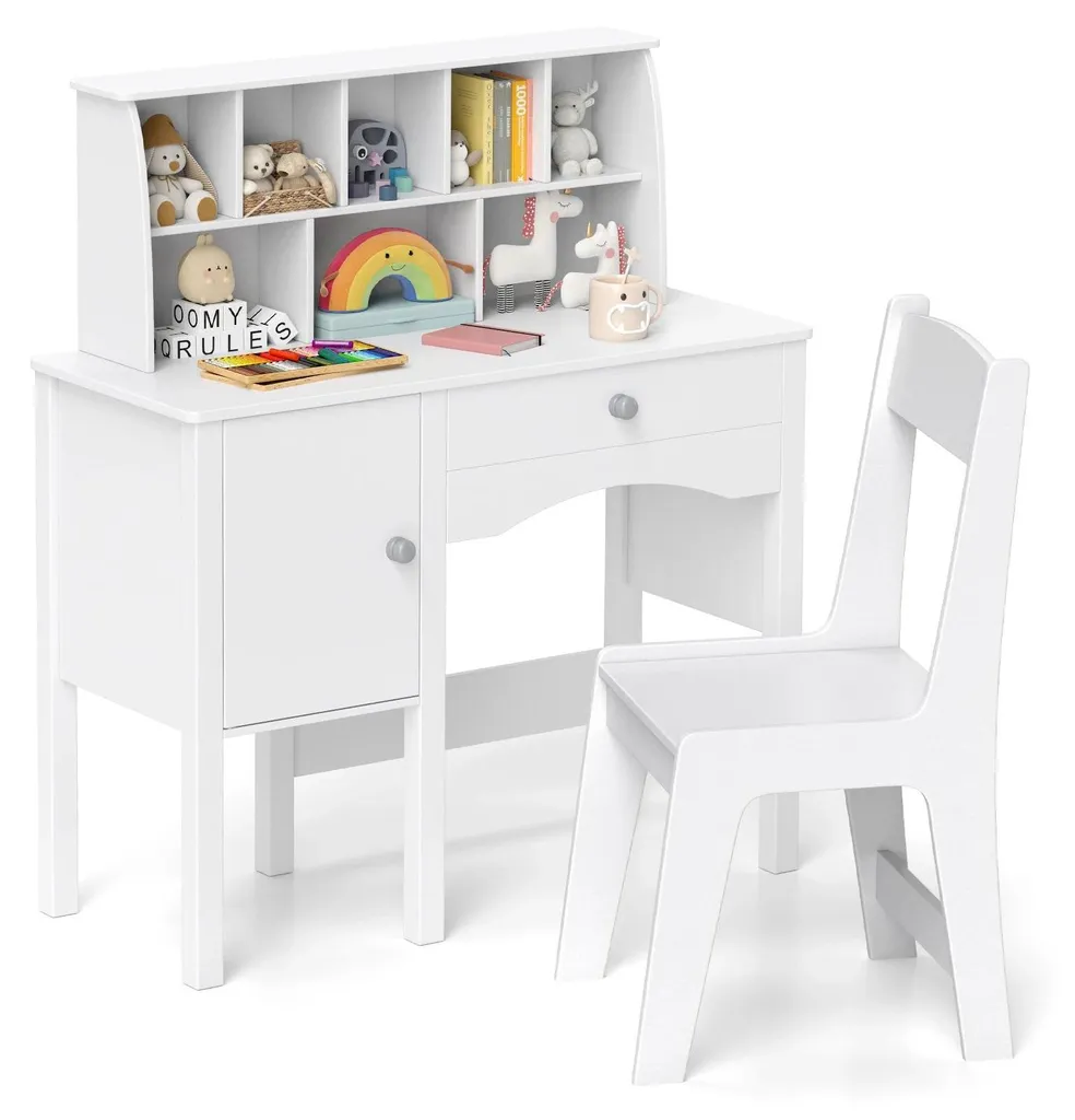 Bureau pour enfant avec chaise et tiroir en bois blanc - Modèle ABC-10