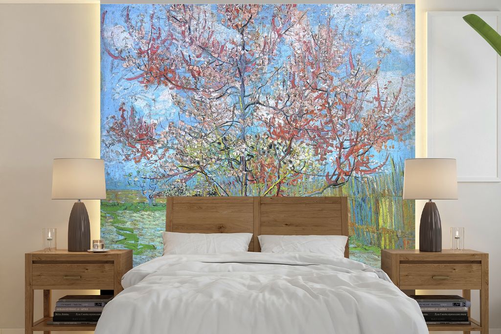 MuchoWow Fototapete für Wohnzimmer oder Schlafzimmer Wandtapete Vinyl Motivtapete Der rosa Pfirsichbaum - Vincent van Gogh - 280x280 cm - Hinter...