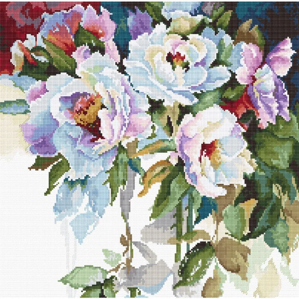 Kit Point de Croix Roses Blanches 32x32cm Décoration DIY Murale à Broder