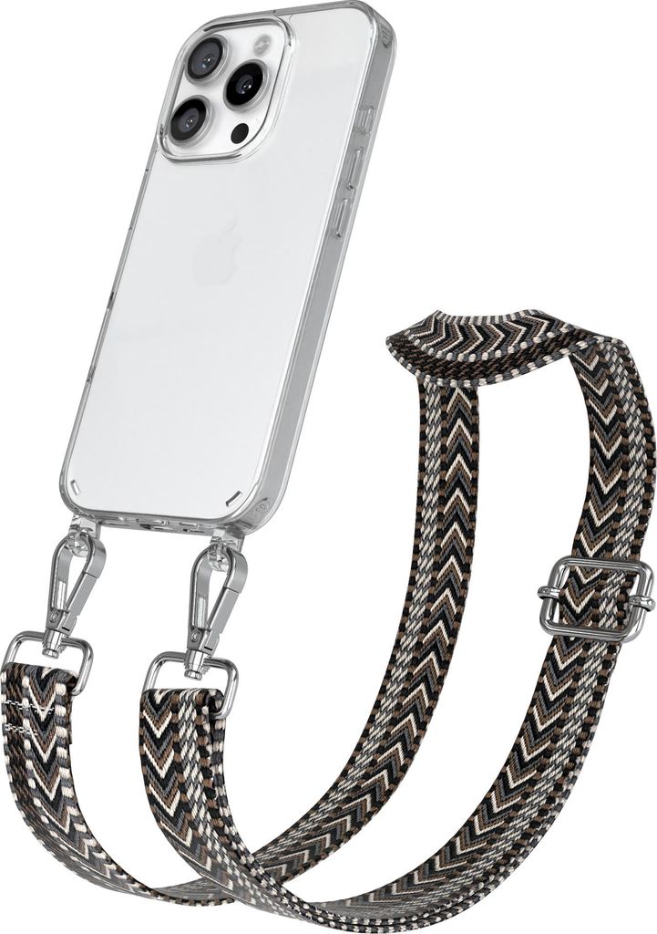 Apple iPhone 16 Pro Chain Eyelets Slim Neck Strap Set Zig Zag dark Gray - Black 15 Metall Silver
