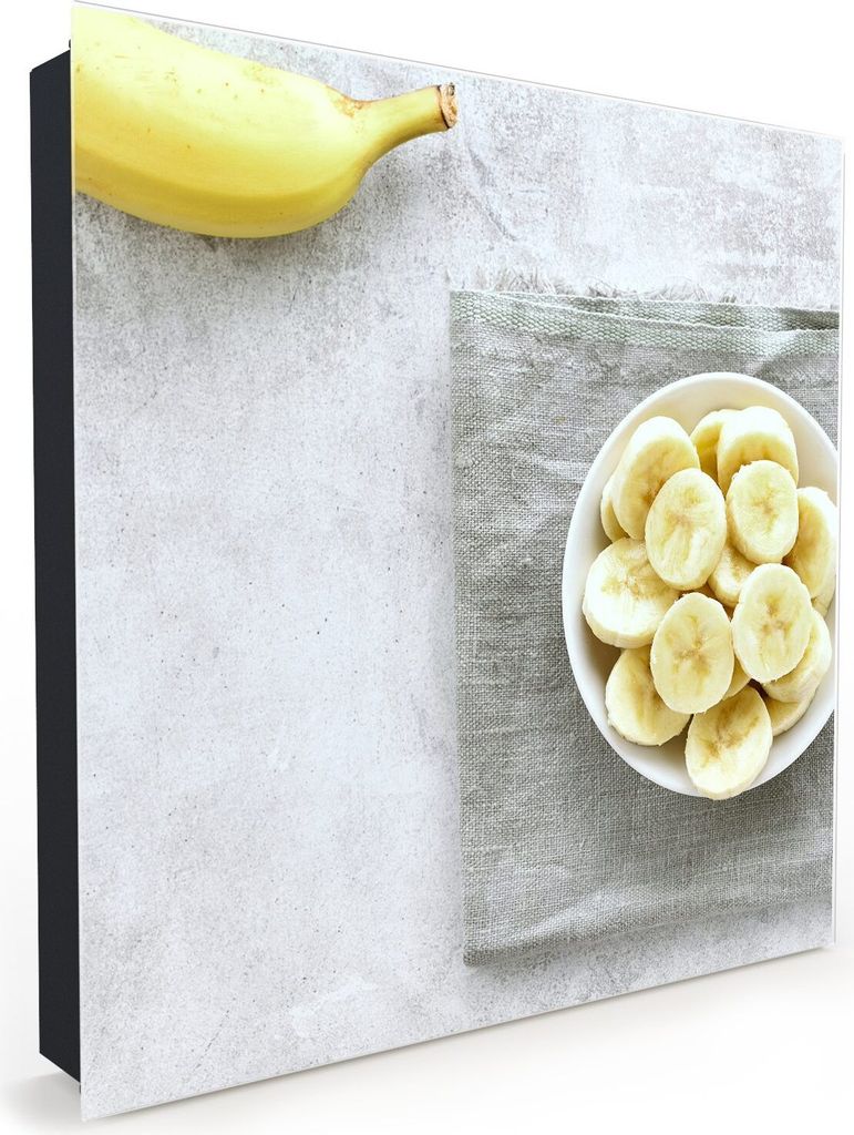 Nachbildung-Schlüsselkasten, Magnetpinnwand und Memoboard mit Glasfront Motiv Bananen in Schale auf Tisch