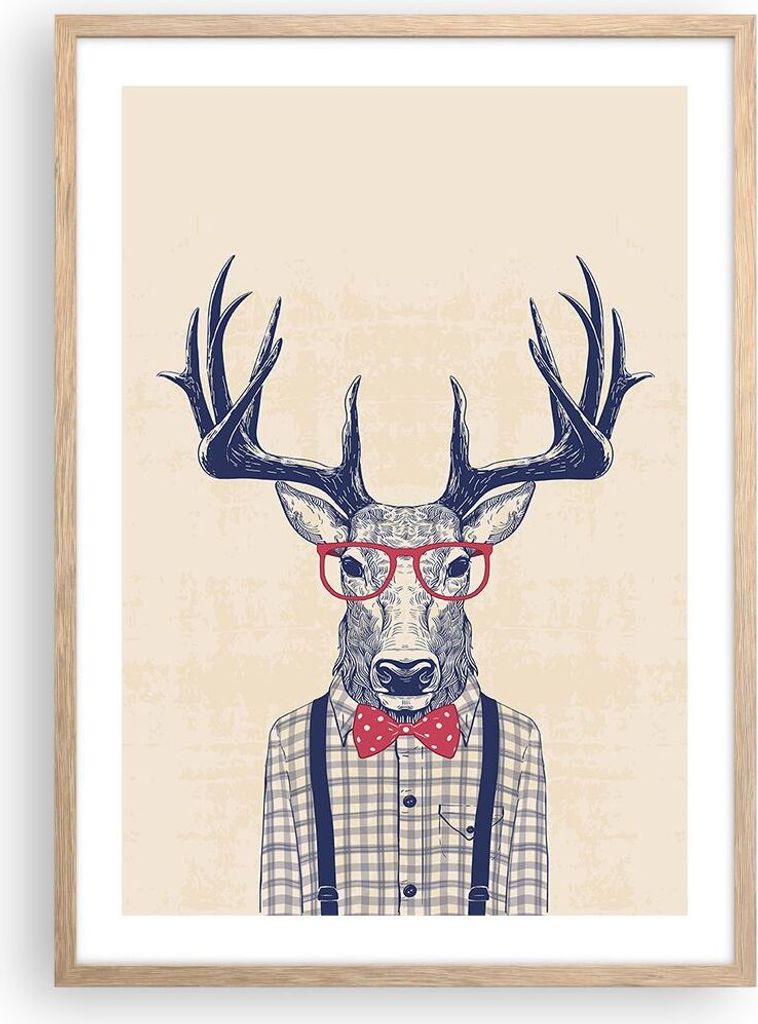 Gerahmtes Poster - Rahmen in heller Eiche - Charakter Hirsch Illustration hipster - 50x70 cm - Wand Bild - Wanddeko - Wandbilder - Wandposter - Bil...