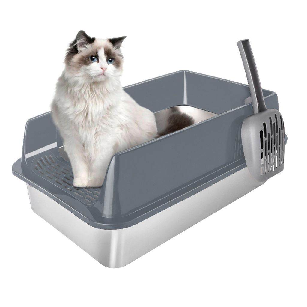 Katzentoilette Edelstahl mit Schaufel Classic Große mit Rand 50x35x20cm grau