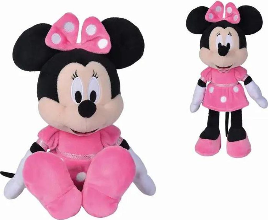 Two plush toys of Minnie Mouse in pink dresses are shown against a white background.