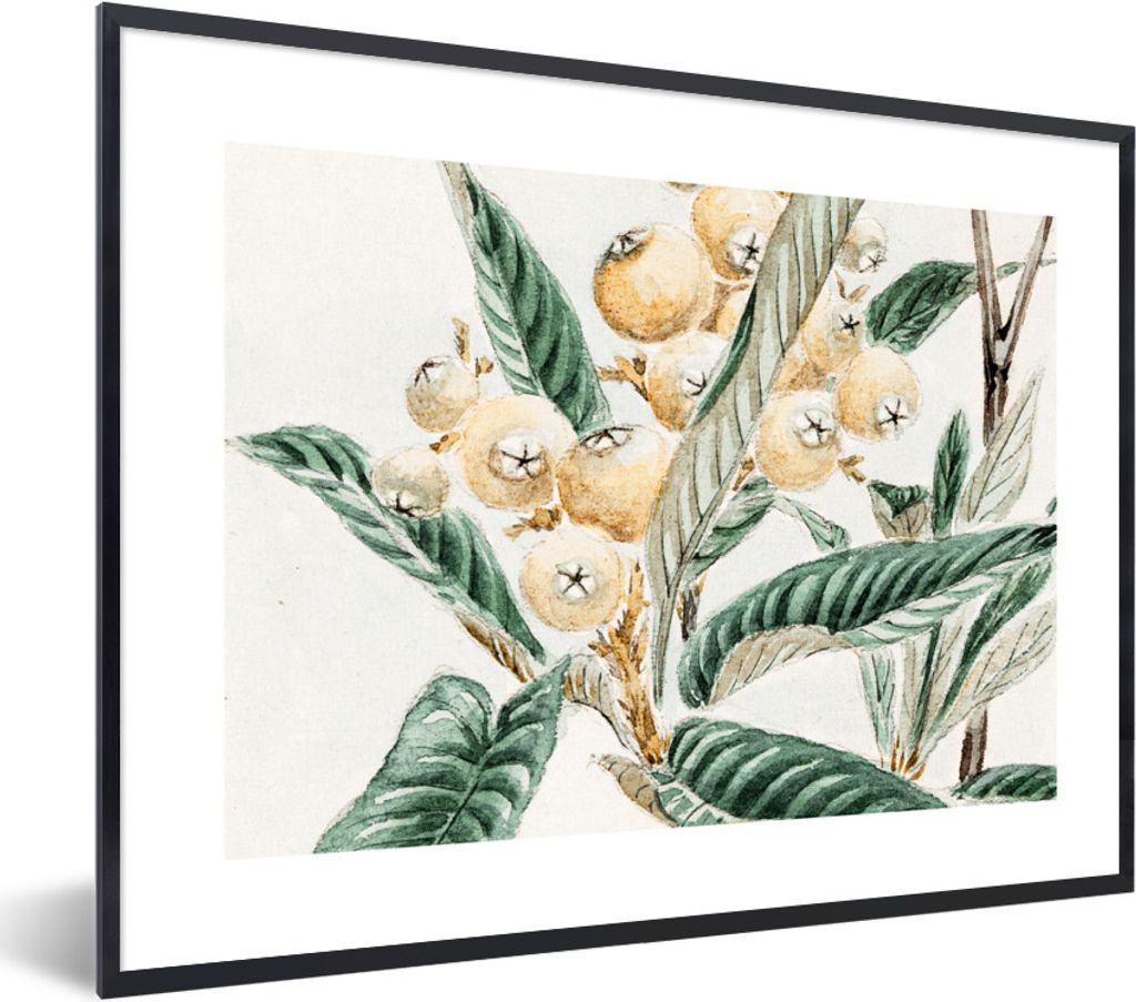 MuchoWow Gerahmtes Poster Beere - Blätter - Japanisch 80x60 cm - Poster mit Schwarzem Bilderrahmen Wandposter Rahmen Foto Bilder - Schwarzem - M...