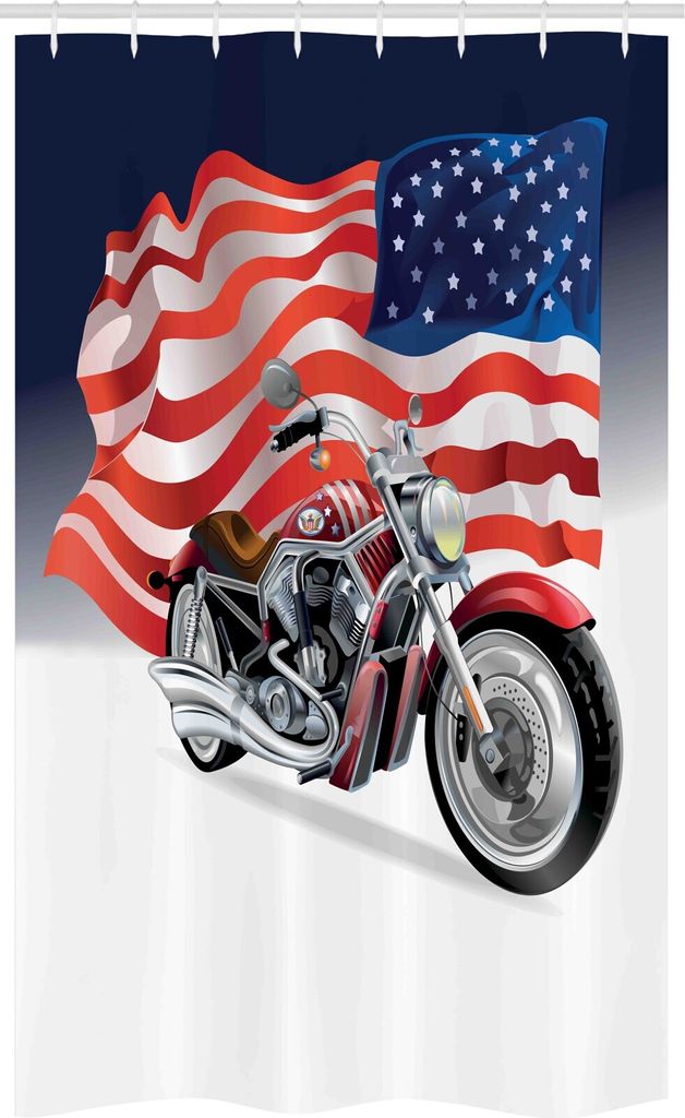 ABAKUHAUS amerikanisch Schmaler Duschvorhang, Motorrad und US-Flagge, Badezimmer Deko Set aus Stoff mit Haken, 120 x 180 cm, Mehrfarbig
