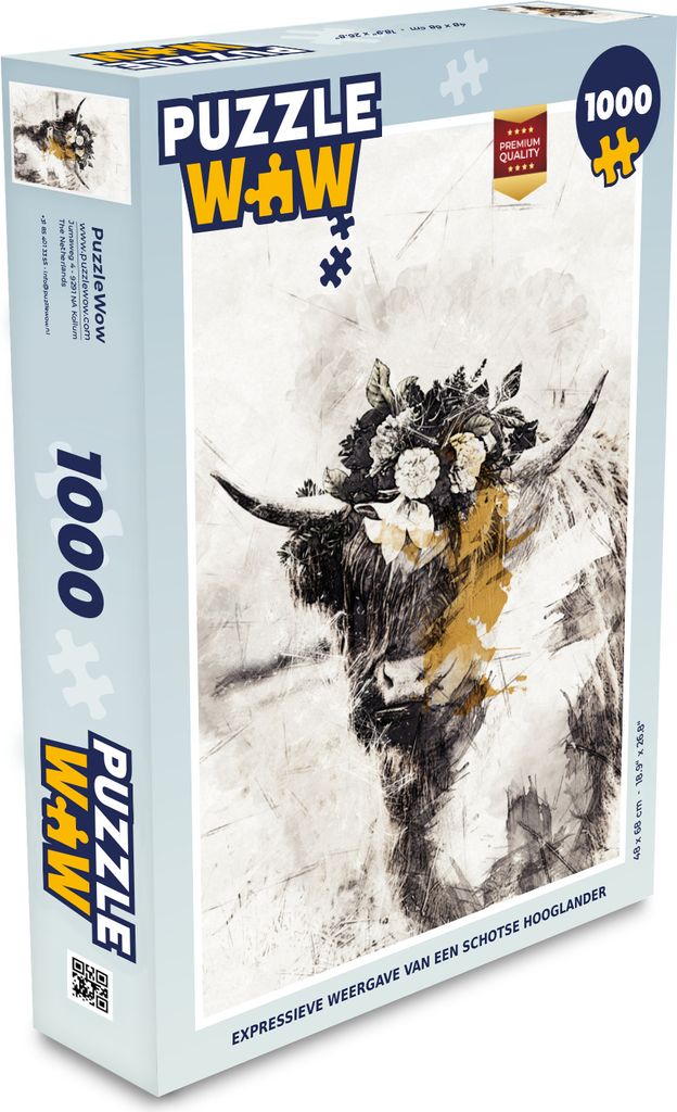 MuchoWow Puzzle 1000 Teile Schottischer Highlander - Blumen - Schwarz - Weiß - Spielzeug - Alt und Jung - Spiele - Puzzeln