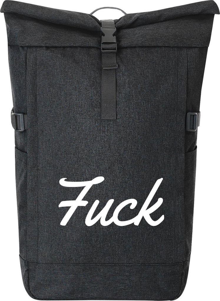 Huuraa Kurierrucksack Fuck englisch Schriftzug 30-44 Liter Black Melange Fairtrade Rolltop Rucksack Geschenkidee