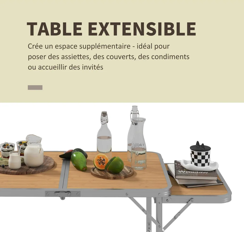 Table de Camping Stable pour Sol Irrégulier et Plateau Extensible - 8