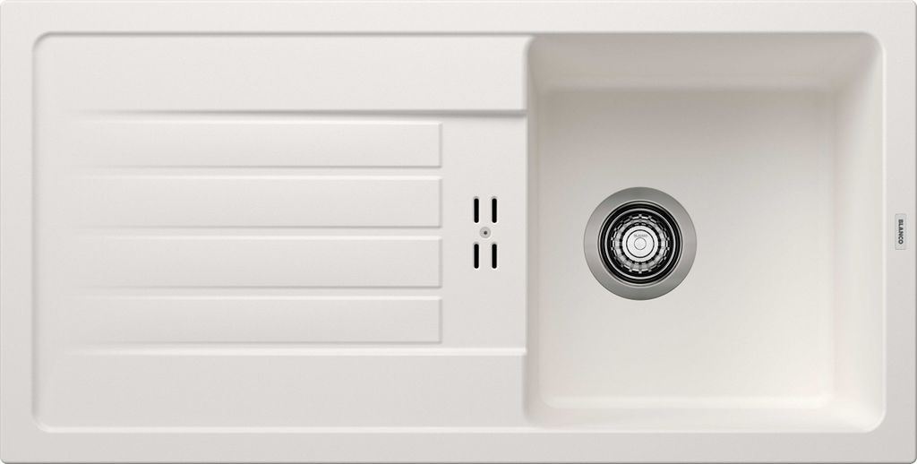 A top-down view of a white kitchen sink with a drainboard.