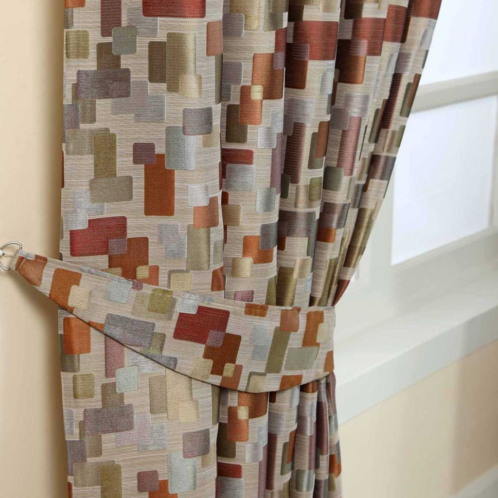 HOMESCAPES Raffhalter für Jacquard Vorhänge Rosario Diamond Block bunt rot 2 Stück