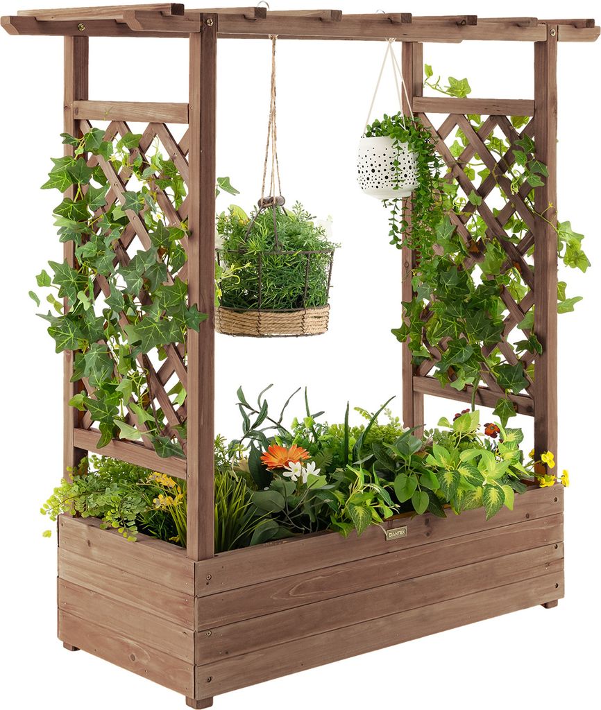 A wooden planter box with a trellis structure, adorned with various plants and hanging baskets.
