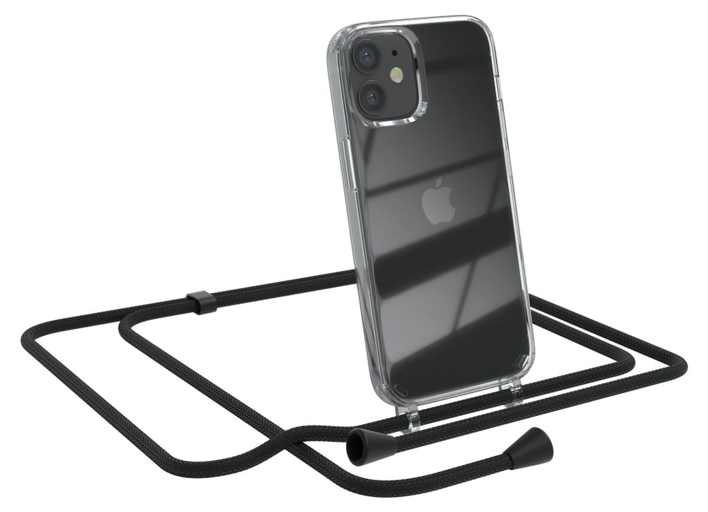 EAZY CASE Handykette kompatibel mit Apple iPhone 12 Mini, Handyhülle mit Umhängeband, Handykordel, Schutzhülle Clear, Band in Schwarz