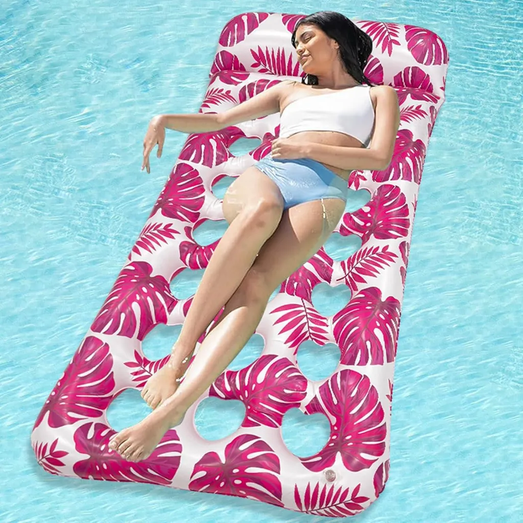 Chaise longue de piscine gonflable avec appui-tête et filet flottant