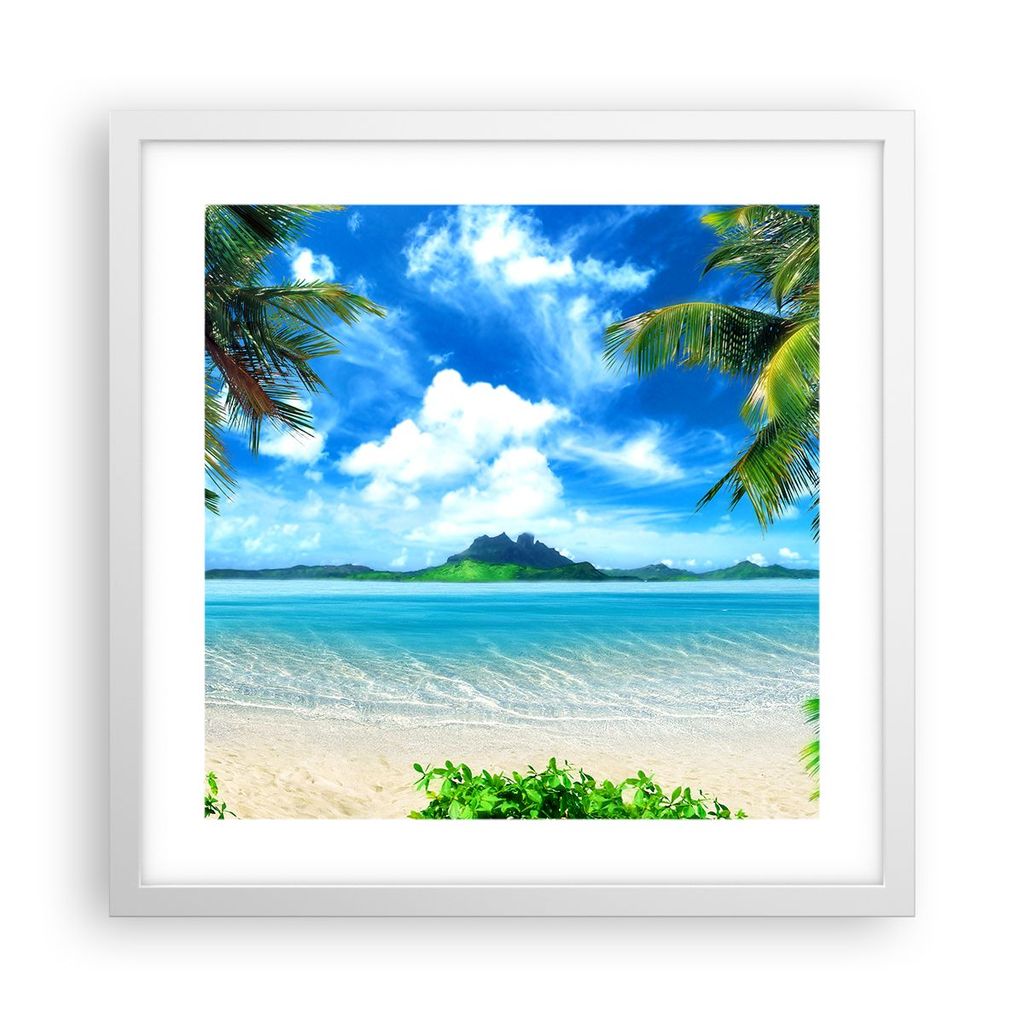 Gerahmtes Poster - Weißer Rahmen - Strand Urlaub Insel Palme - 40x40 cm - Wand Bild - Wanddeko - Wandbilder - Kunstposter - Wandposter - Bilderrah...