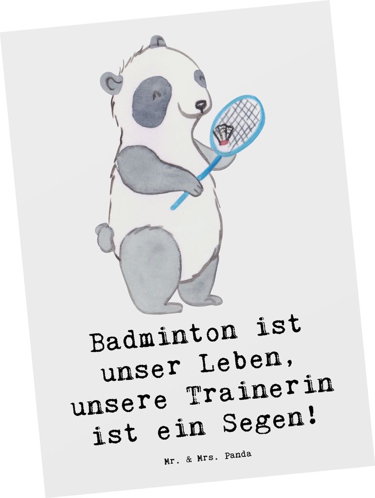 Mr. & Mrs. Panda Postkarte Badminton Trainerin - Weiß - Geschenk, einzelkarte, Ansichtskarten, Inspiration, Ansichtskarte, liebevoll gestaltet, gr...