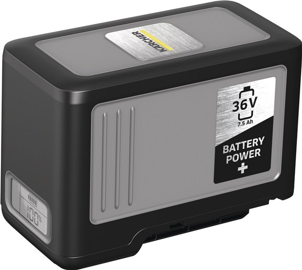 A studio shot of a black and gray battery pack.