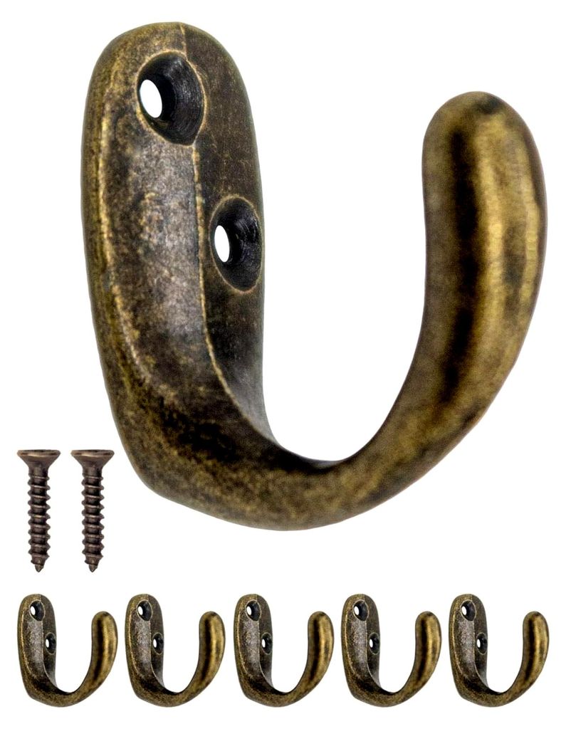 5 Antik-Wandhaken aus Eisen in Messing-Bronze, ovaler Garderobenhaken, 5er Set