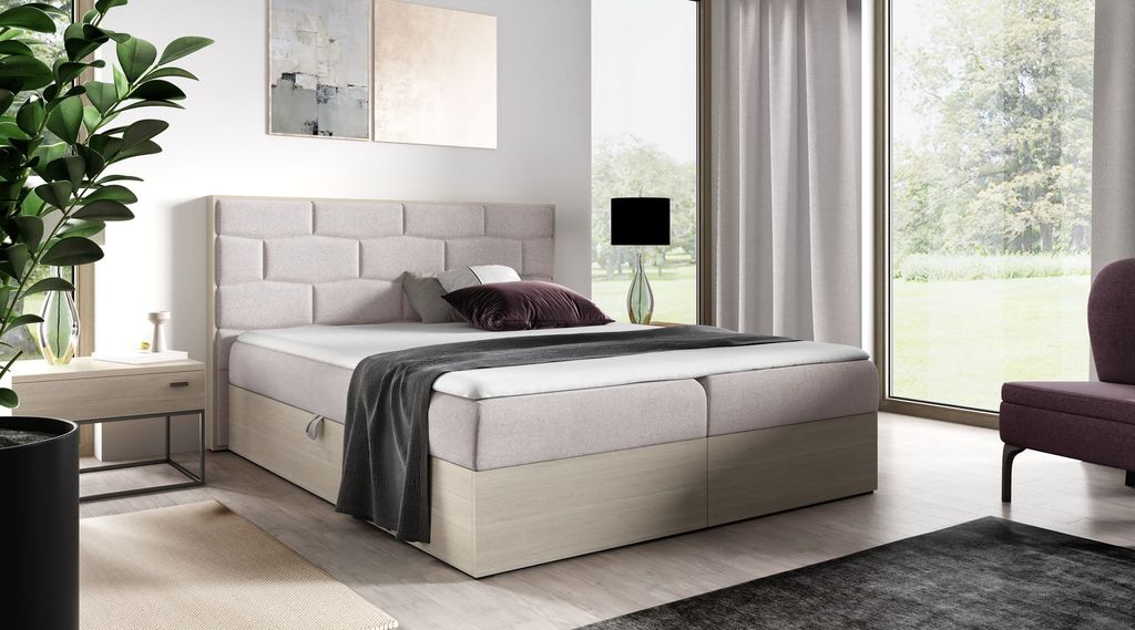 Kontinentales Bett 200x200 CHANTELLE 9 - nordisches Teakholz / Beige + GRATIS Matratzenauflage
