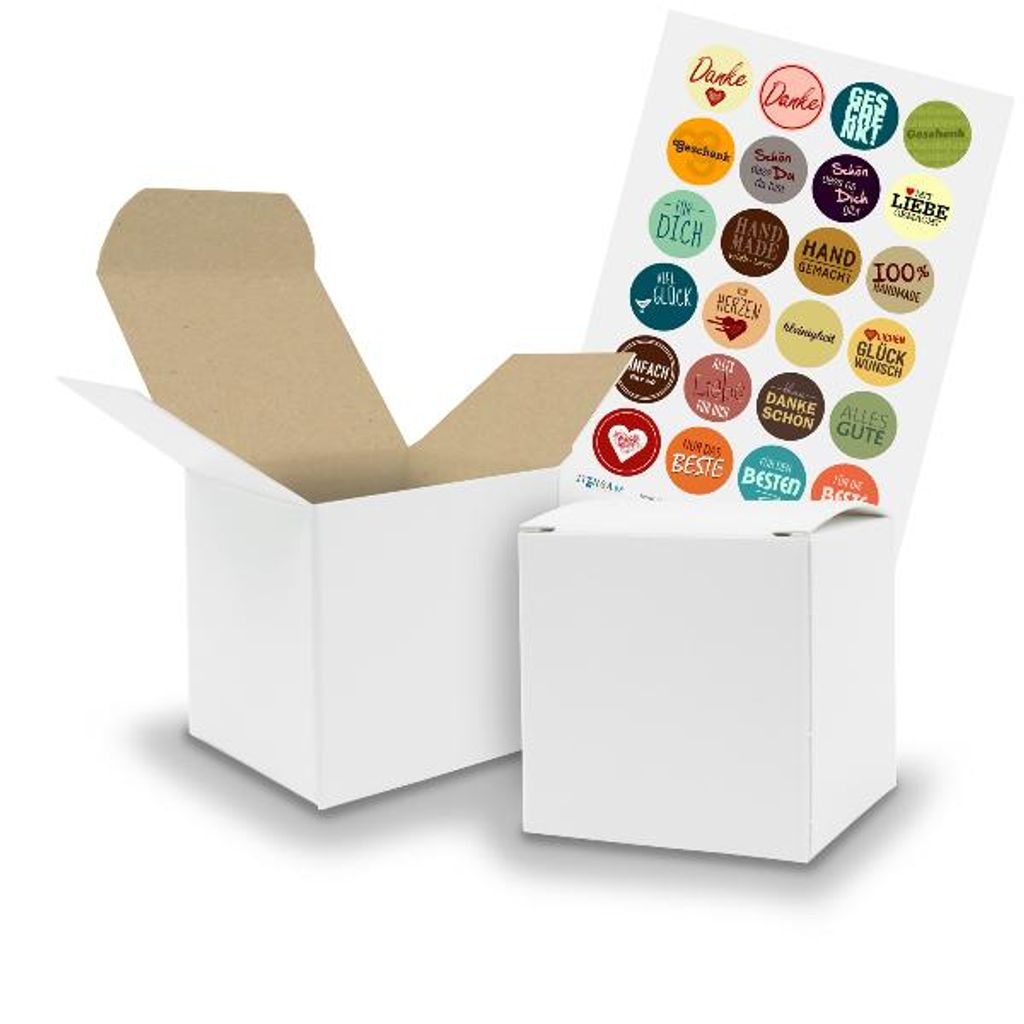 SET MIX (Motiv21) 24x Faltschachtel Würfel 6,5cm weiß innen braun+Sticker