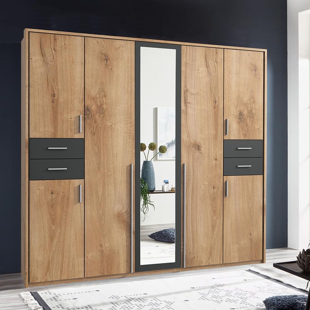 Schlafzimmer Kleiderschrank mit 228 cm Breite in Eiche mit graphit, 7 Türen & 4 Schubladen, inkl. Passepartoutrahmen - VENLO-43
