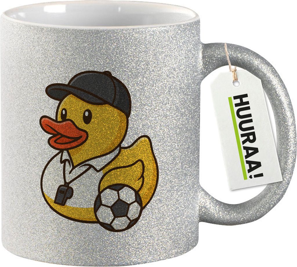 Huuraa Glitzertasse Quietscheente Fussball-Trainer Gummiente Coach 330ml Silber Keramik Kaffeebecher Geschenkidee