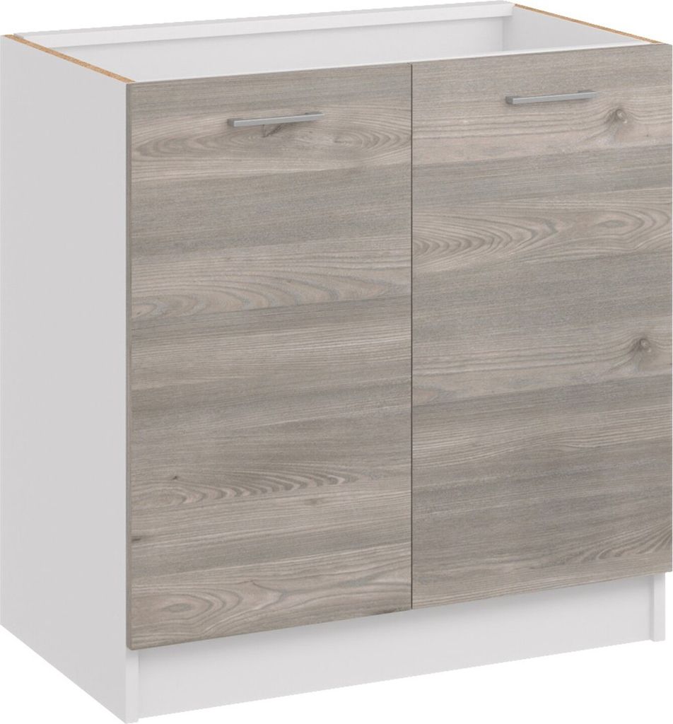 A white and wood-grain kitchen cabinet with two doors and silver handles, shown from the front.