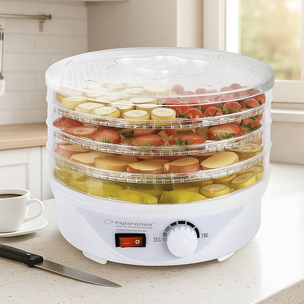Essiccatore Per Alimenti Esperanza EKD004 – 250W, Bianco, Trasparente, Per Frutta E Verdura Disidratata