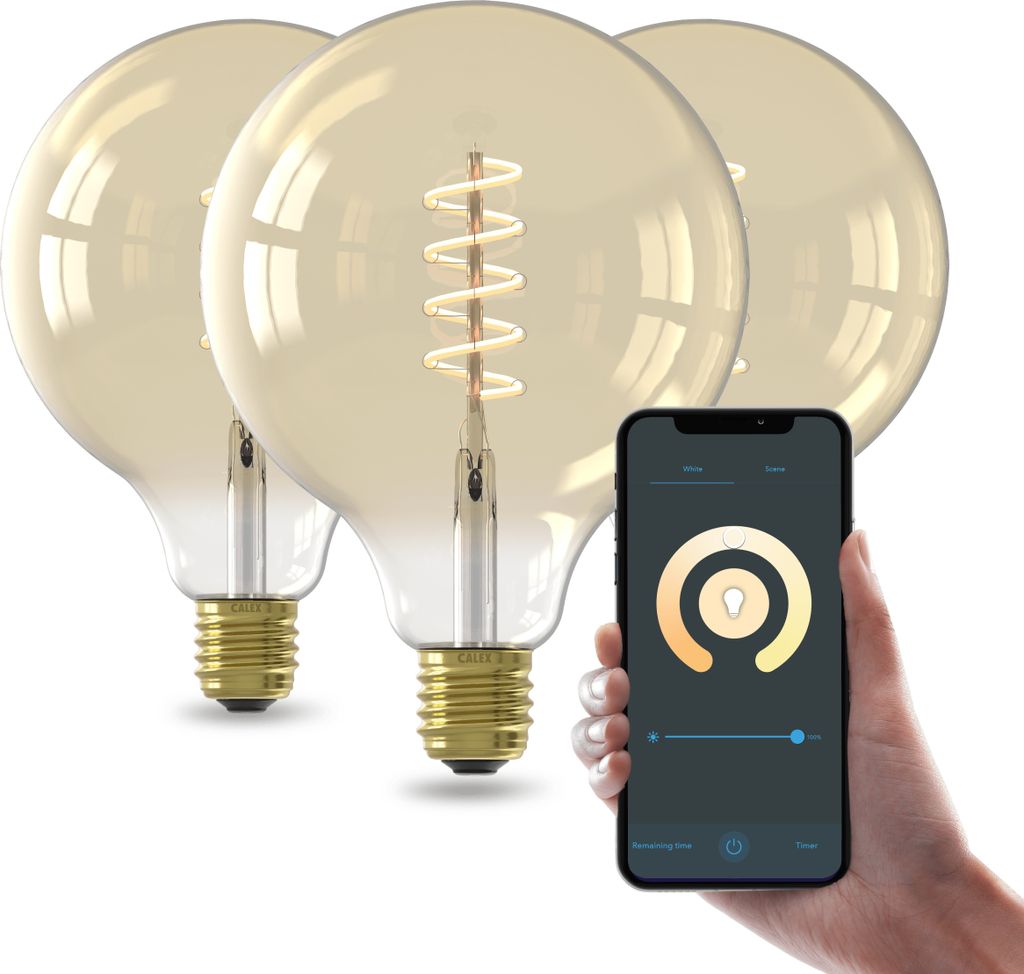 Calex Smart LED Lampe, E27, G125, Gold Filament, warmweißes Licht, dimmbar, WLAN App- & Sprachsteuerung, 3er Pack